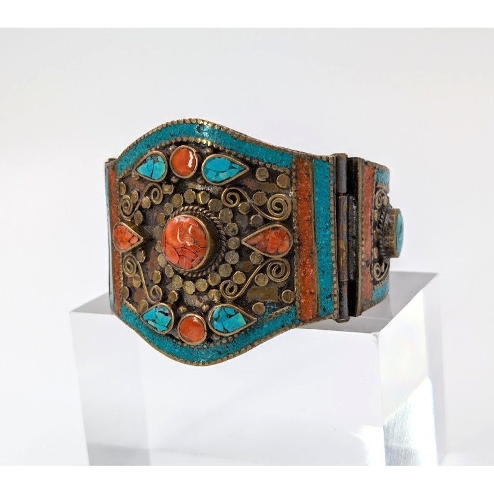 VTG Tibetan Hinged Bracelet Gold Tone Blue Orange Inlay‎ Ornate Southwestern